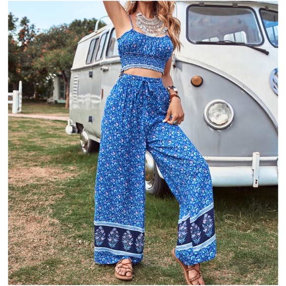 Boho Blue Floral Cami Crop Top Palazzo Pants Set - Picture 7 of 7
